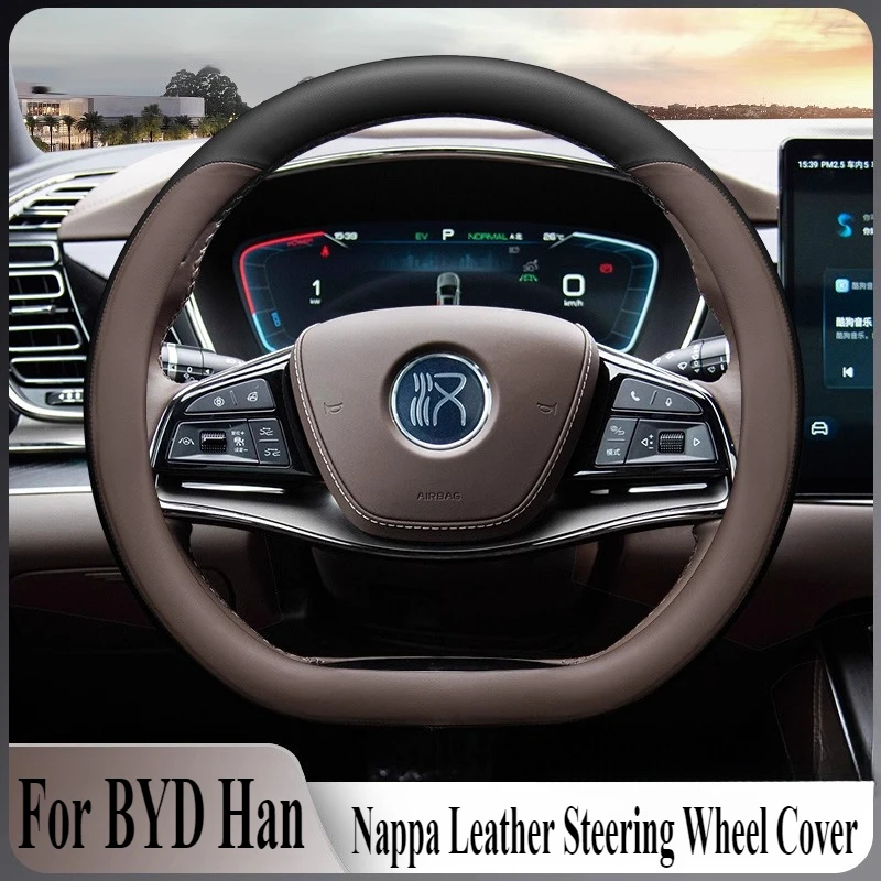 

For BYD Han DM-i Nappa Leather Steering Wheel Cover Anti Slip Sweat Absorbing Four Season Universal Car Interior Accessory