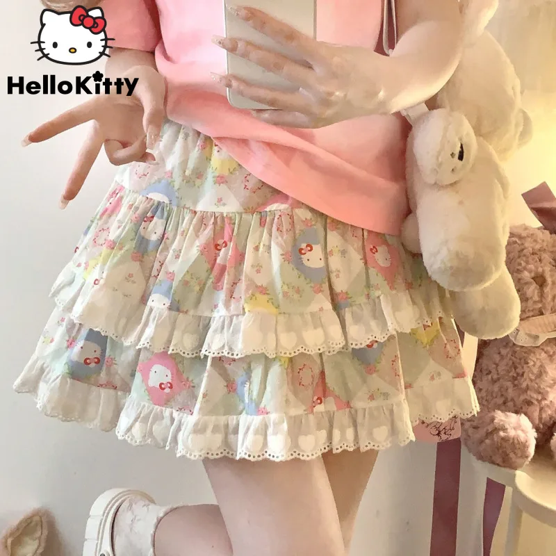 Sanrio Hello Kitty Fresh Cartoon Sweet Fluffy Skirt Y2k Cute Soft Girl Lace Short Skirt Japanese Style Harajuku Trend Half Skirt