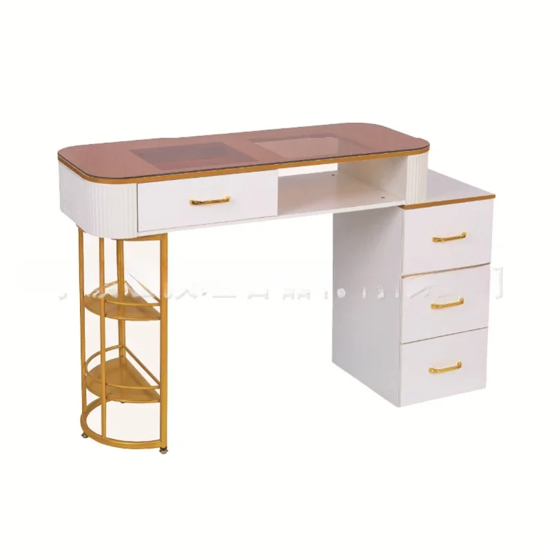 5-Piece white manicure table, double drawer, brown glass countertop
