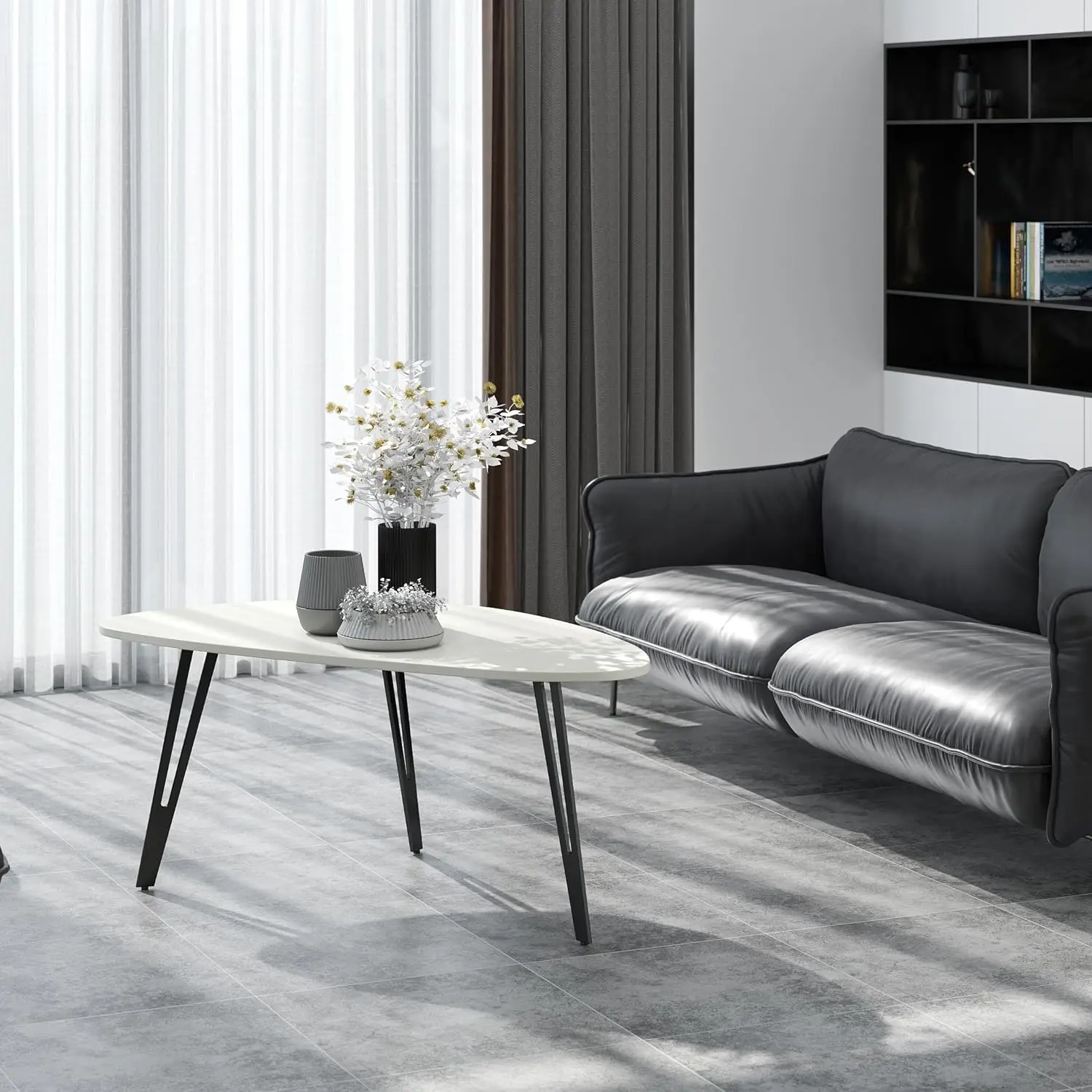 White Modern Small Oval Coffee Table - Minimalist Center/Tea Table for Living Room/Office Small Spaces, Easy Assembly