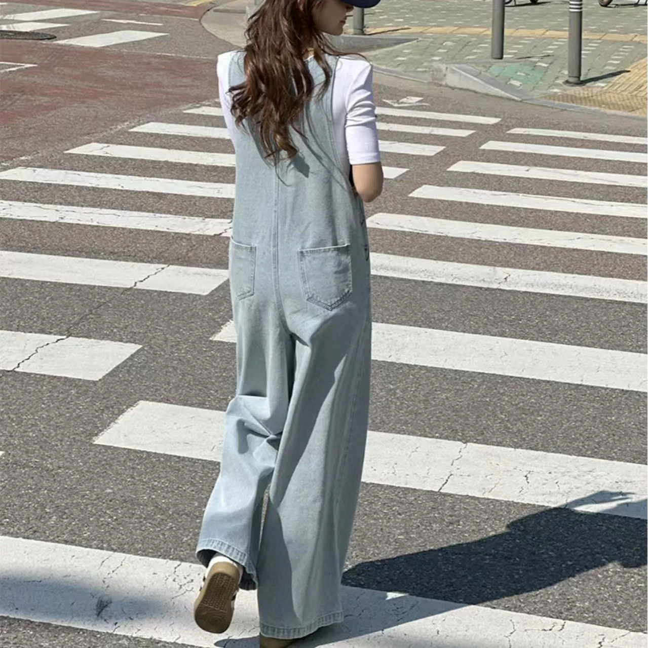 

SuperAen Summer New Korean-style Sleeveless O-neck Zipper Women Fashion Blue Elegant Oversize Casual Long Jumpsuits