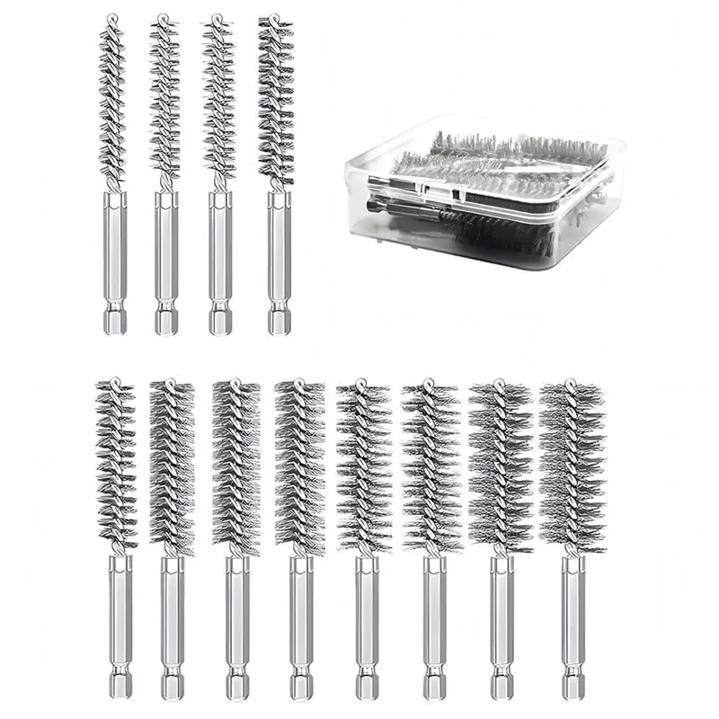 

【VALUE MONEY】Набор кистей с витой проволочной щетиной, 12 шт., шестигранный хвостовик 1/4 дюйма, очиститель отверстий для проволочной щетки из нержавеющей стали 5/16–3–16 дюймов