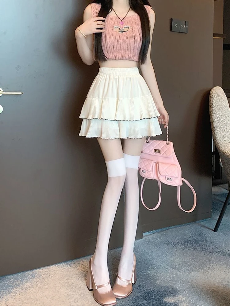 Rok wanita sifon Kawaii, Rok wanita sifon, rok Ruffle lucu A Line, pakaian Premium sederhana tren 2024 Harajuku mode Korea kasual