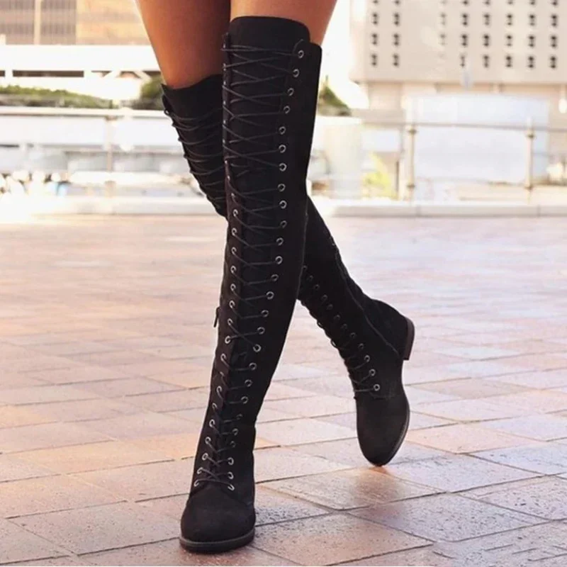 Six Colors Casual Women's Boots Low Heels Flock Winter Over Knee Boots for Woman 2023 Lace Up Fashion Female Thigh High Boots