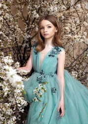 Flower Girl Dresses Applique For Wedding Lace Tulle Floor Length Kids Princess Pageant Birthday Party Ball Gowns First Communion