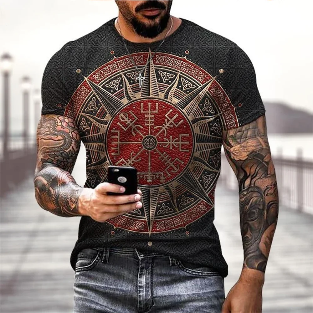 3D Print Men's Fashionable T-shirt with Street Hip-hop Viking Pattern Short-sleeved Top, Fun Quick-dry Round-neck Children's Top