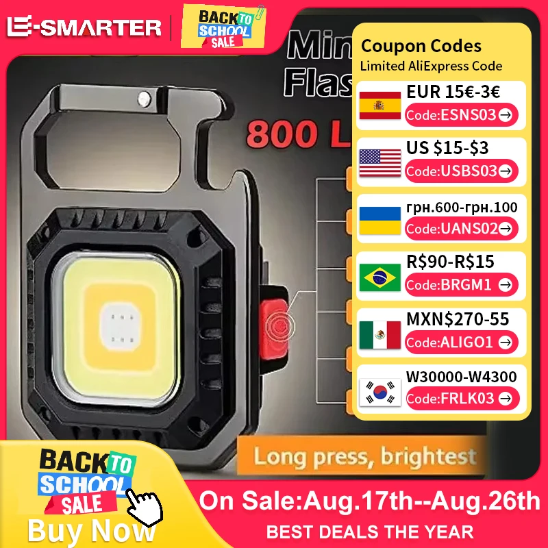 Mini lanterna LED magnética COB para acampamento ao ar livre luz de trabalho de bolso 800 lúmens USB recarregável 7 modos holofotes
