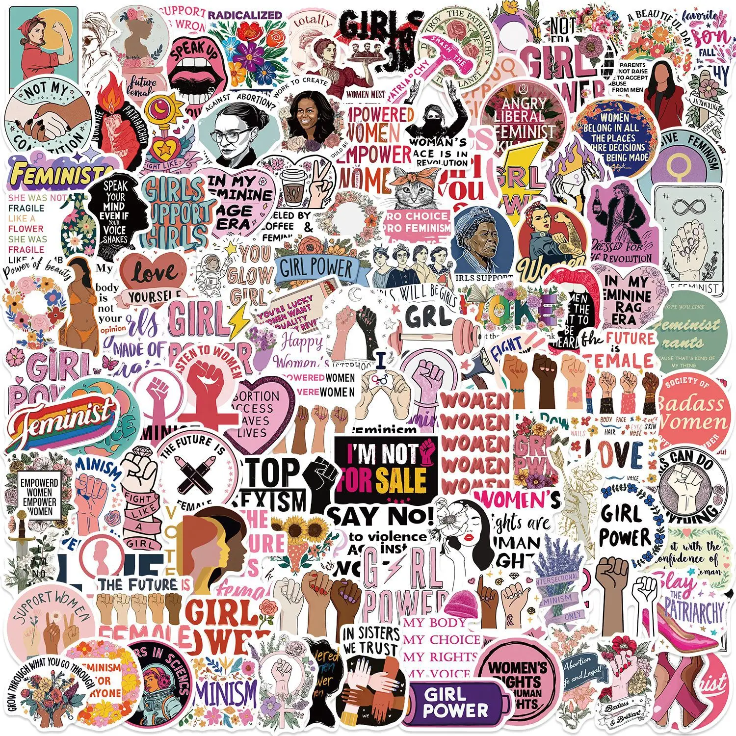 200PCS Feminist Cartoon Graffiti Stickers Girl Power Positive Waterproof Vinyl Decals for Luggage Stationery Notebook Laptop