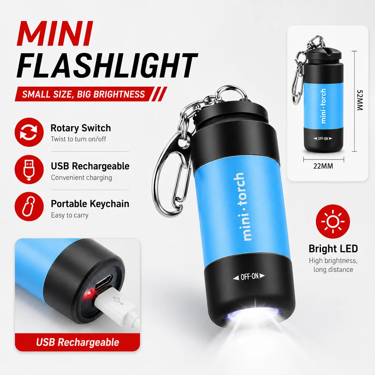 PINMOAP 1P Mini LED Flashlight Portable Pocket Torch Rechargeable Keychain Light Small Emergency Lamp For Camping Hiking Outdoor