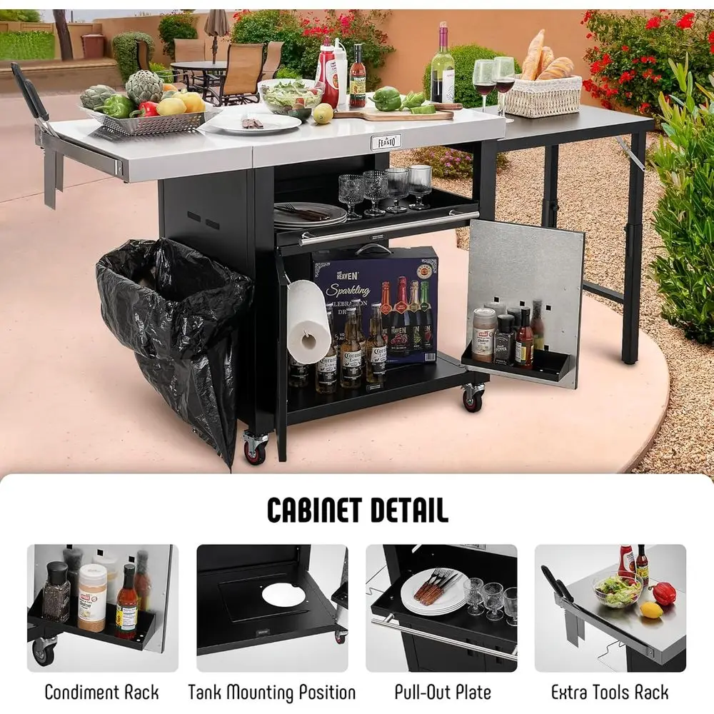 طاولة شواء للمطبخ الخارجية من الفولاذ المقاوم للصدأ مع جوانب قابلة للطي ولوحة قابلة للسحب، 74 × 24