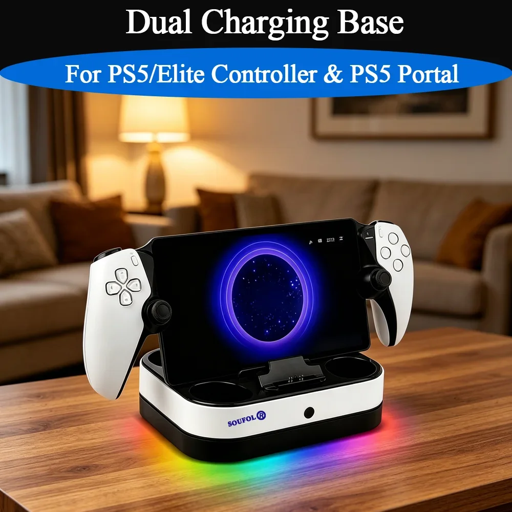 Durable Dual Charging Base with LED Indicator & RGB Light For PS5/Elite Replacement Fast Charging Dock For PS5 Portal Accessory