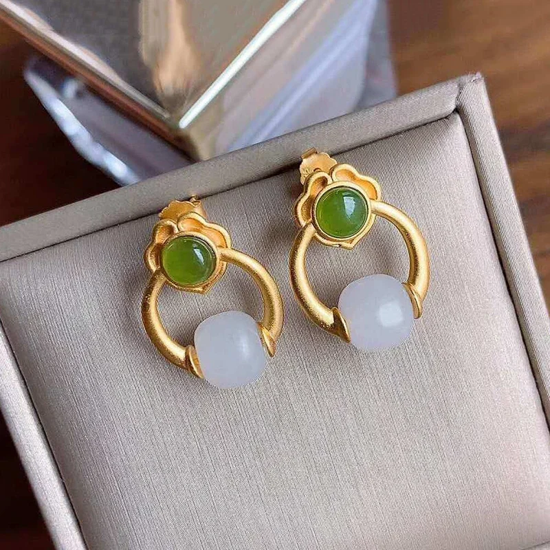 

Ancient gold craft inlaid natural Hetian jade geometric circular earrings for women Chinese style vintage creative charm jewelry
