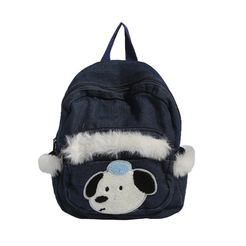 Furry Plush Detail Denims Small Backpack for Casual and Shopping Cartoon Dog Applique Daypack Multiple Pocket Shcool Bag