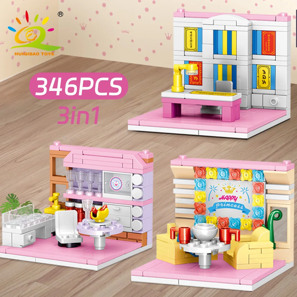 HUIQIBAO Creative Mini Room Girls Bedroom Building Blocks City Friend Play House Set Apartment Model Assemble Bricks Girl Toys