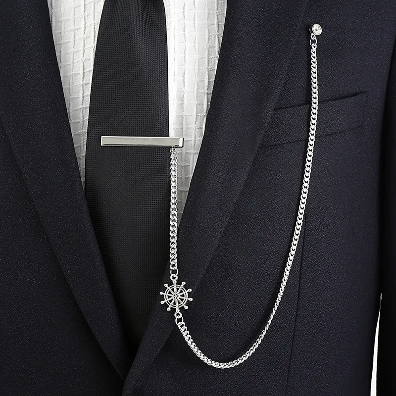 Fashion Tie Clip Long Chain Dress Suit Men's Gold Silver Tie Clip Rudder ECG Bear Clip