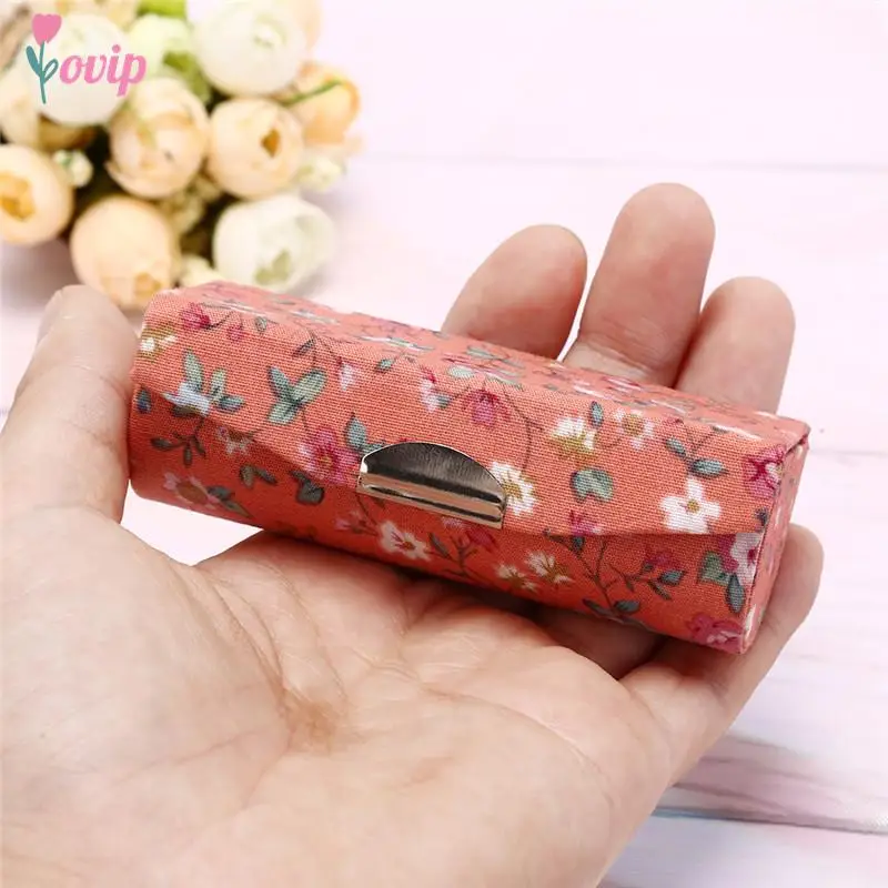 Women Makeup Storage Box Lipstick Box With Mirror Flower Printing Single Lipstick Storage Case Cosmetic Bags