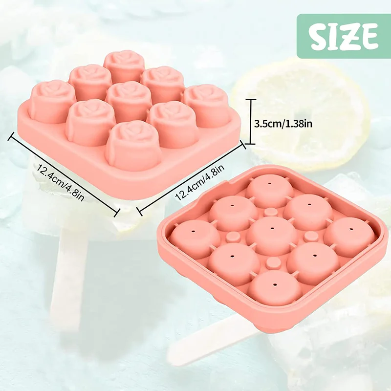 3D Rose Ice Molds Kitchen 1.3 Inch Small Ice Cube Trays Make 9 Grids Cute Flower Shape Ice Silicone Rubber Fun Ice Ball Maker