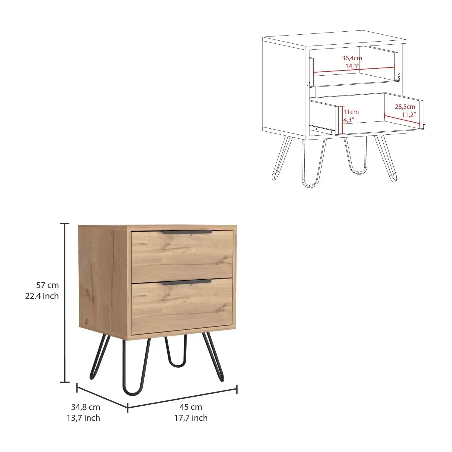 Augusta 2 Nightstand, Four Legs, Two Drawers Light Oak