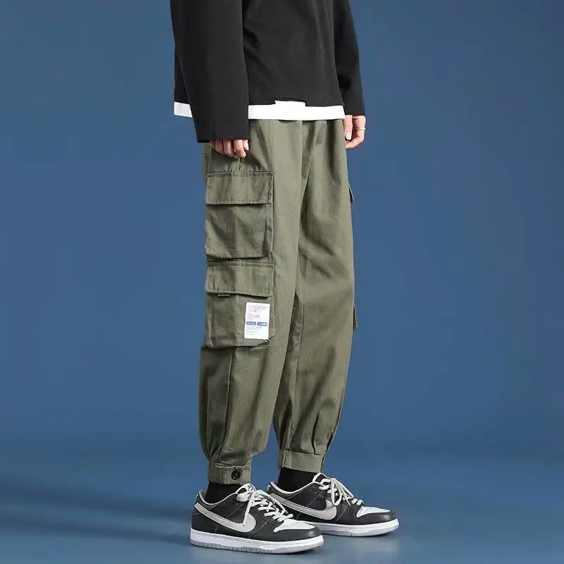 Men's Clothing Spring Autumn Solid Color Pockets Elastic High Waisted Casual Fashion Retro All-match Trousers Cargo Pants