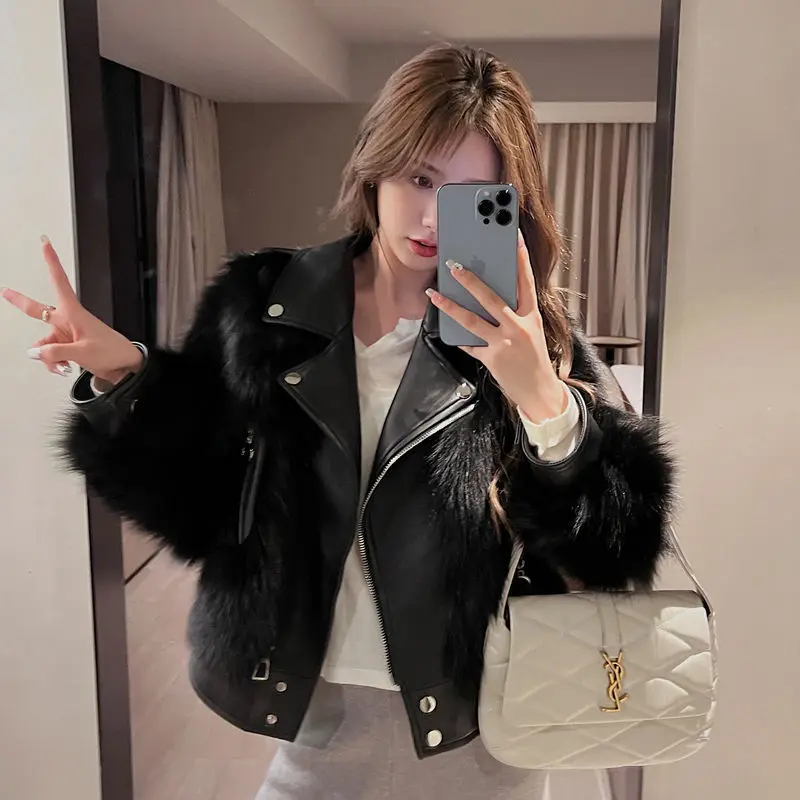 Winter New Fashionable Warm Short Fox Fur Coat And Sheepskin Leather Full Fox Fur Motorcycle Luxury Women'S  Jacket