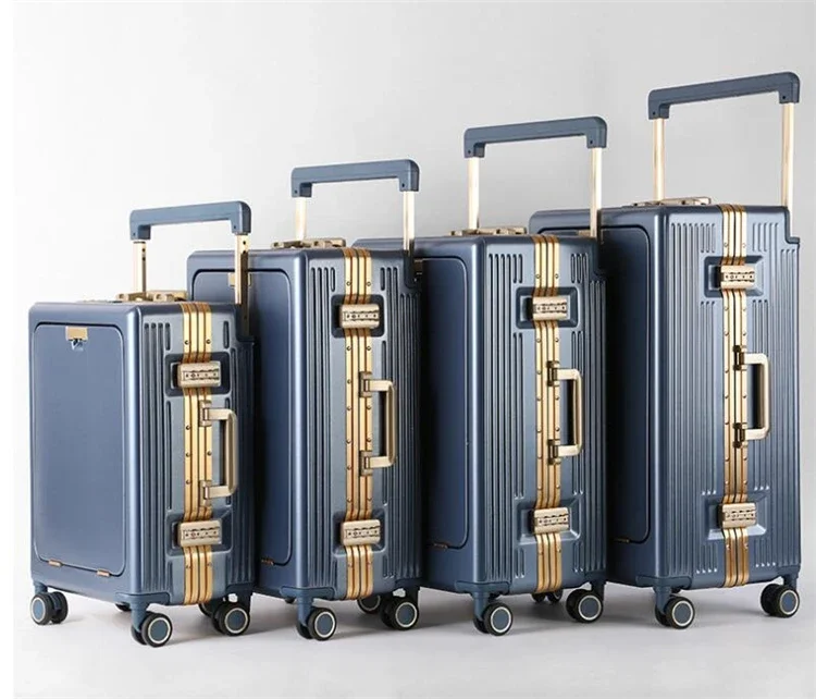 Aluminum Framed Boarding Suitcase of 20‘24’26‘28’ Inch Wide Handle Luggage with Laptop Mesh and USB Charging Front-open Trunk