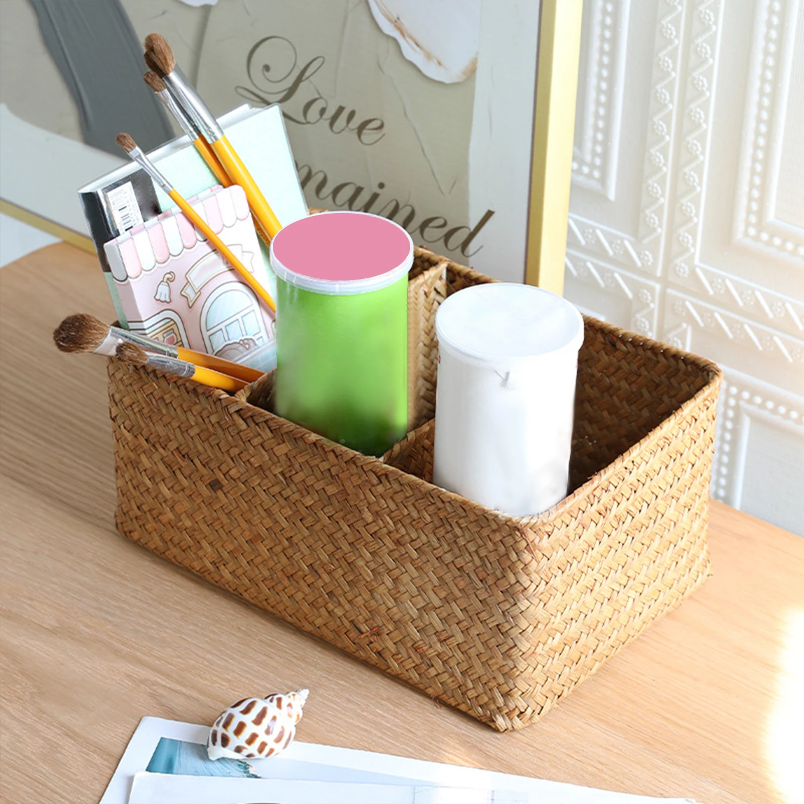 Wicker Storage Basket Picnic Basket Straw Rattan Basket Desk Organizer for Farmhouse Bedroom Countertop Living Room