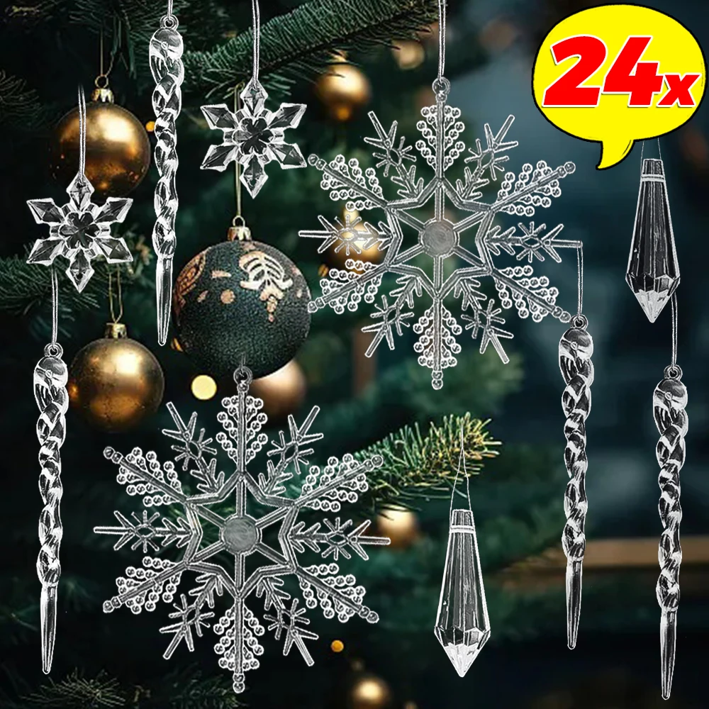 5/24x Christmas Clear Icicle Crystal Acrylic Snowflake Simulation Ice Pendants Xmas Tree Hanging Imitation Acrylic Drop Ornament