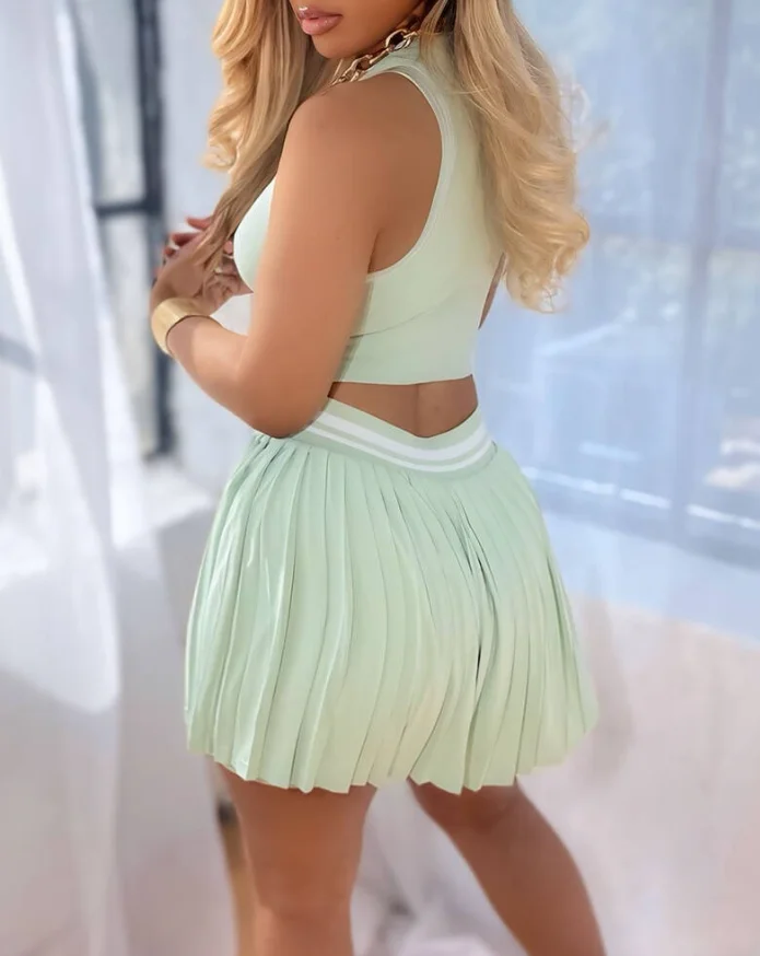 

2025 Summer Fashion Sports Style 2-Piece Color Blocked Sleeveless Crop Top and High Waisted A-Line Pleated Short Skirt Set
