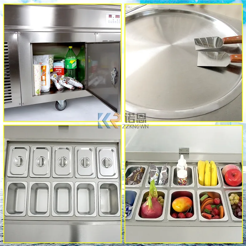 Thailand 2 Round Pan Fried Ice Cream Machines with 10 Topping Pans Instant Rolled Ice Whipping Machine Cold Plate