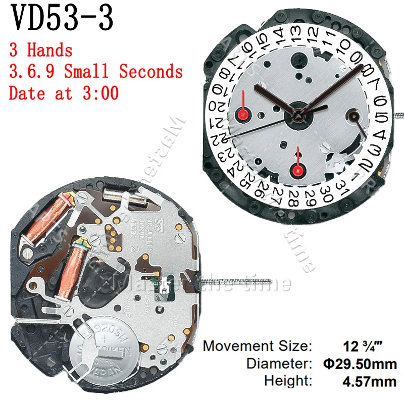 Movimento VD53 TMI VD53-3 Tamanho do movimento: 12 3⁄4′′′ Altura: 4,57 mm 6 ponteiros Crono (seg, 60 min) 24 horas/data 3,6,9 Pequenos segundos