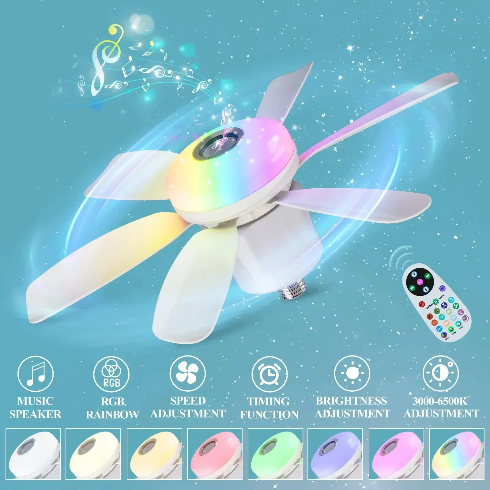 RGB Ceiling Fan Light with Bluetooth Music Remote Control LED Electric Cordless Fan Eye Protection Speed Adjustable for Bedroom