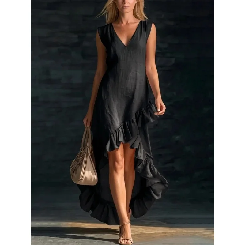 Elegant Women's Tank Dress Casual Sleeveless Sexy Deep V Neck Long Dress for Summer Asymmtrical Ruffle Hem Maxi Dress
