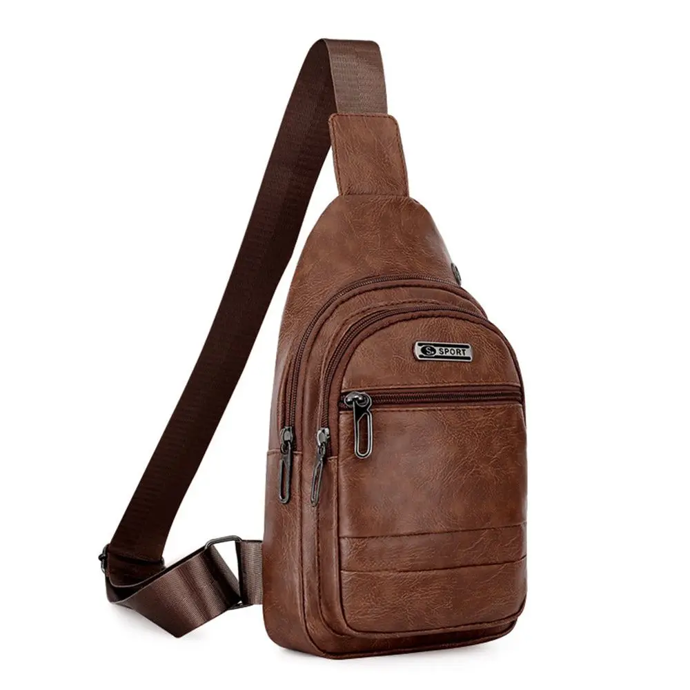 Fashion Men Bags Leather Chest Shoulder Crossbody Bag Zipper Pack Sling Shoulder Bag Outdoor Travel Bags