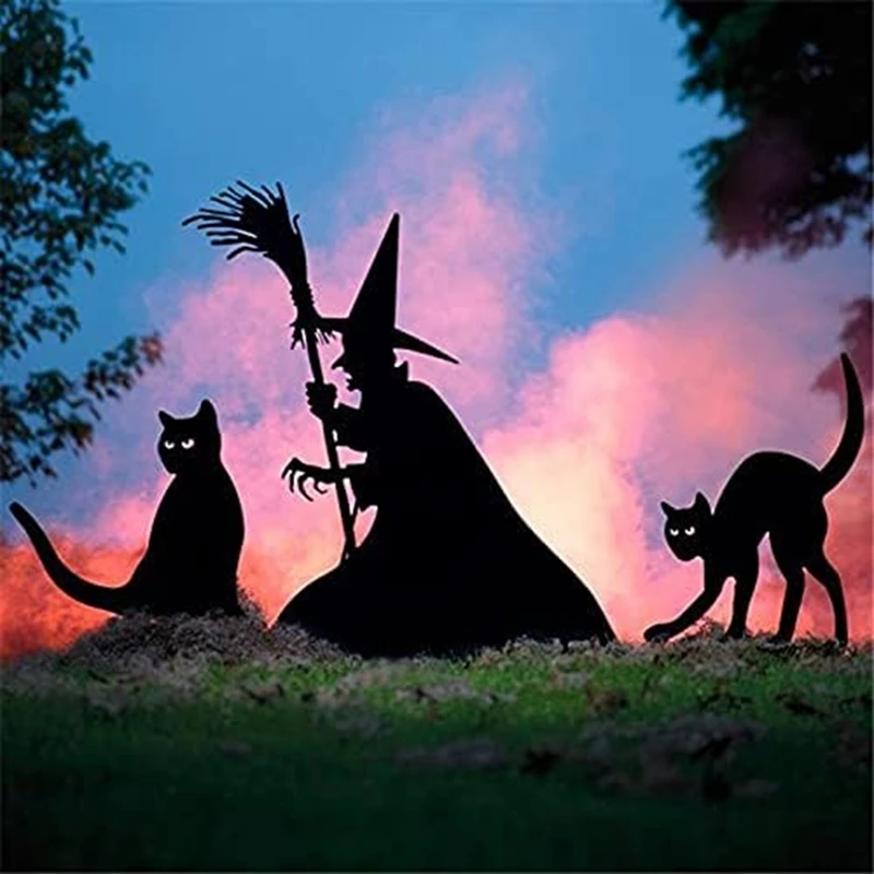 Halloween Witch Silhouette, Wrought Iron Witches Black Cauldron Black Cat Yard Signs Scary Family Home Front Yard A Durable