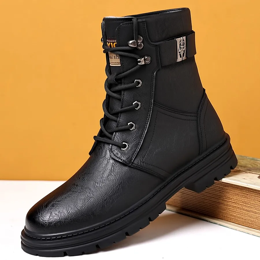 Herren-Winterstiefeletten, Schnürstiefel mit hohem Schaft und verstellbarer Schnalle, strapazierfähige Sohle für Wanderungen und Freizeitkleidung. – Detail 1