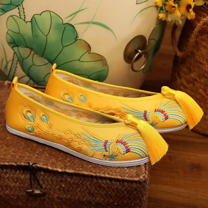 

Women Flat Sole Yellow Embroidered Shoes Soft sole Shallow Slip On Ethnic Style Tassel Cloth Shoes Wedding Shoes Hanfu Shoes