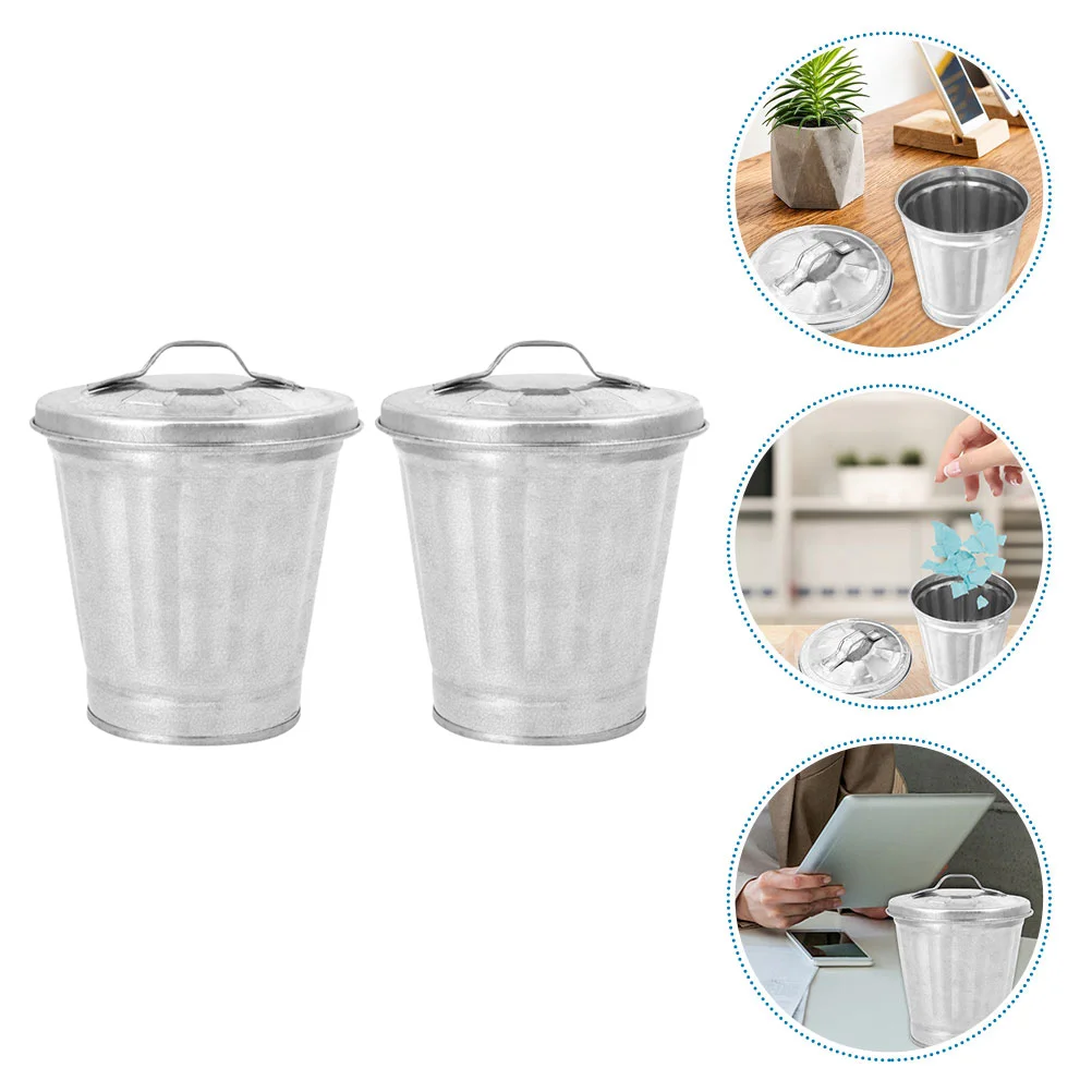 2 Pcs Mini Trash Can Bins Small Plant Pots Diaper Nursery Galvanized Iron Garden Planters Flower Office Indoor