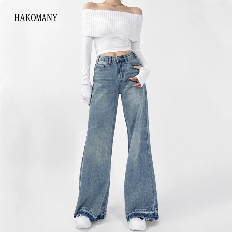 Women Loose Denim Pants Floor Length Tight Trousers Amercian Retro Washing Blue Low Waist Flare Wide Leg Jeans