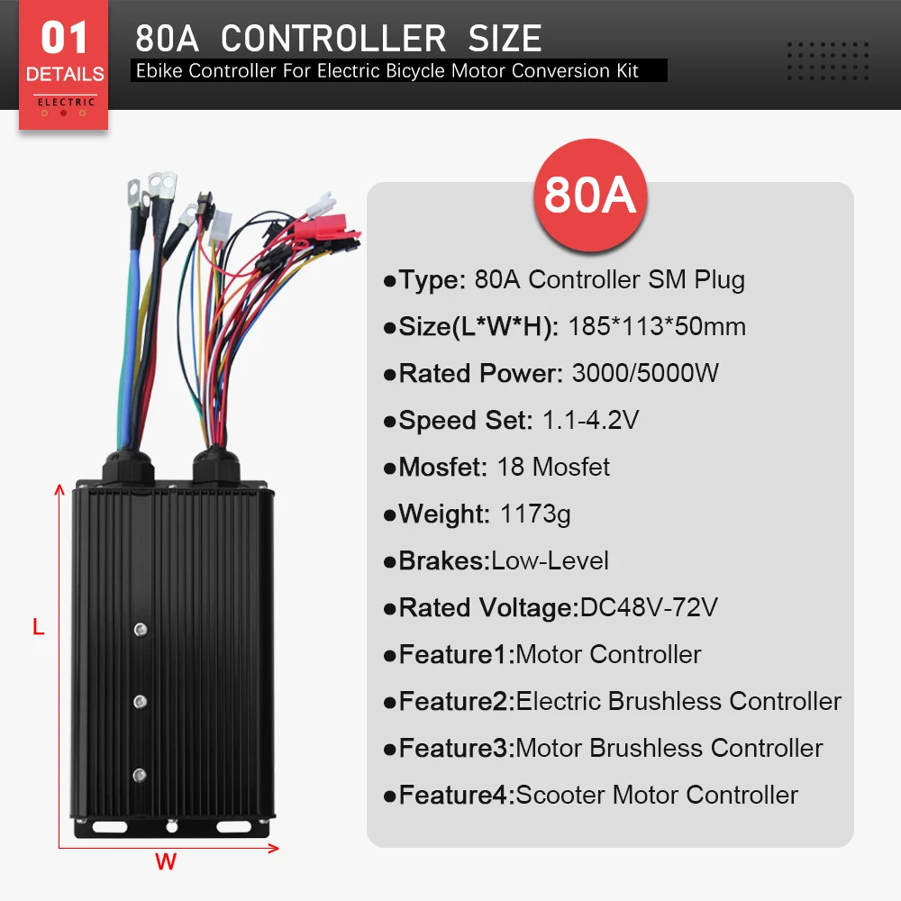 Ebike Sine Wave Controller 48V 72V 80A with Light Function UKC1 LCD Display Brushless 5000W Motor For Electric Bike Motor Kit