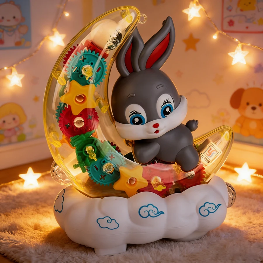 Kids Electric Bunny Toy Car Moving Light Music Universal Wheel Transparent Gear Obstacle Avoidance Cute Gift Toy