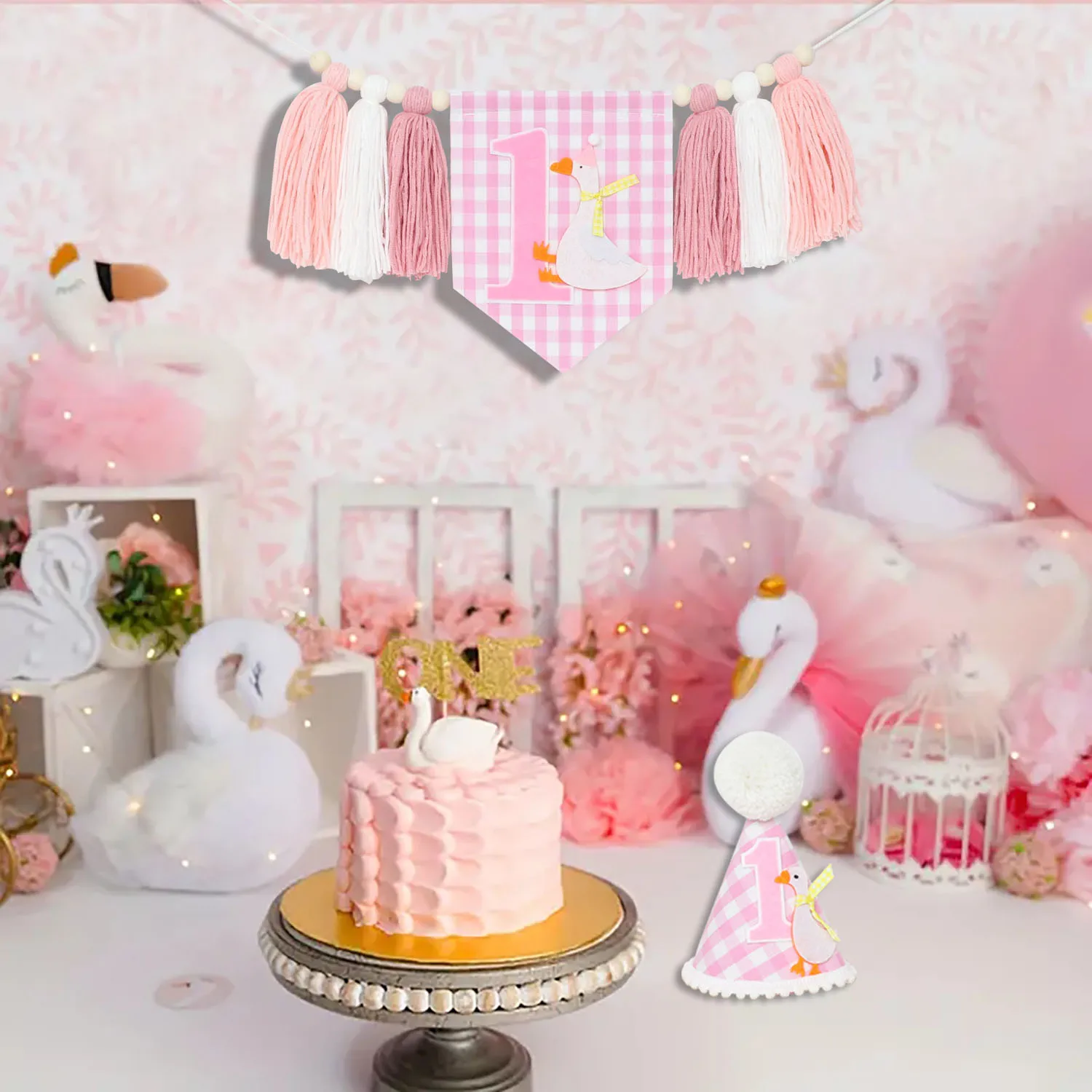 Partydekoration zum 1. Geburtstag mit Gänsemotiv, rosa kariertes Girlandenbanner, Geburtstagshut im Bohemian-Stil, Foto-Requisite zum Geburtstag des Mädchens – Detail 7