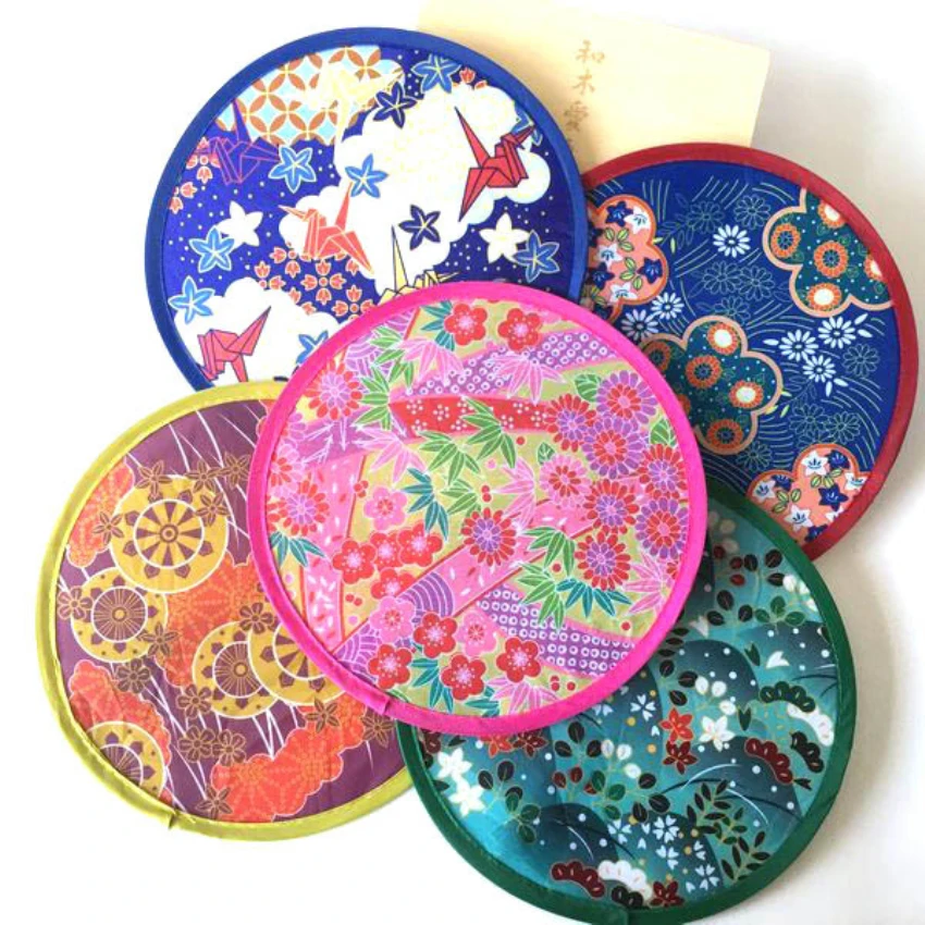 10pcs Japanese Style Portable Folding Hand Fan Flying Disk Cool Summer Colorful Mini Nylon Circular Fan for Party Gift