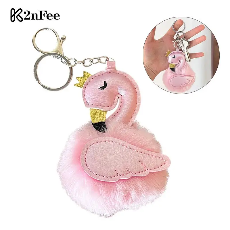 Pink Swan Exquisite Cute Keychain PU Leather Velvet Key Chain Wallet Car Key Chain Pendant Animal Keychain Bag Fur Ball Pendant 