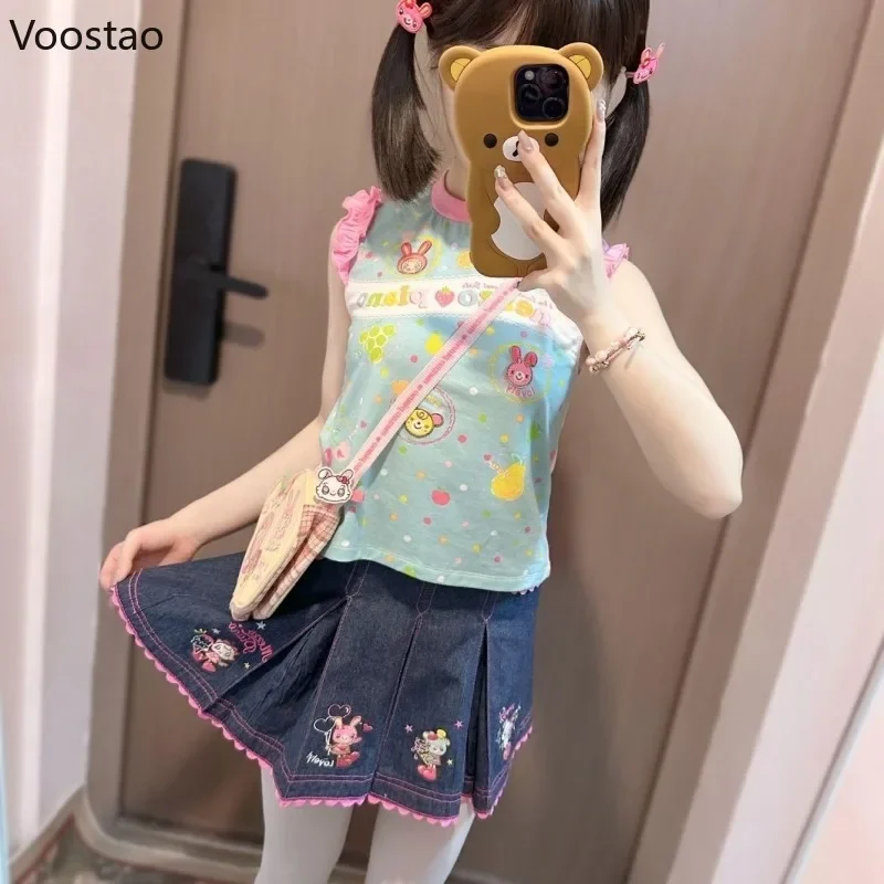 Japanese Cartoon Print Lolita T-shirt Women Sweet Y2k Aesthetic Flying Sleeve Crop Tops Girls Harajuku Grunge Kawaii Summer Tees