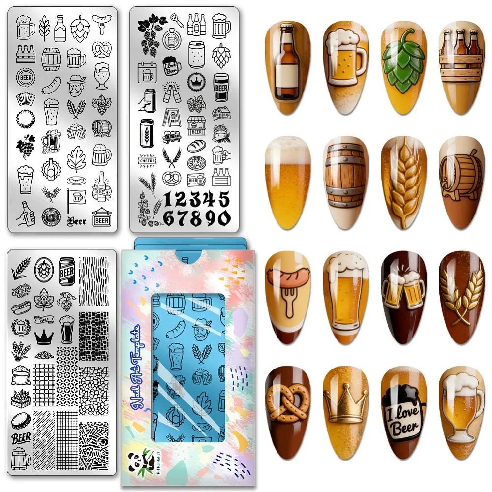 3pcs Beer Nail Stamping Plates Oktoberfest Nails Art Templates Bread Malt Nails Art Stencils Numbers Textures Nails Image Plates