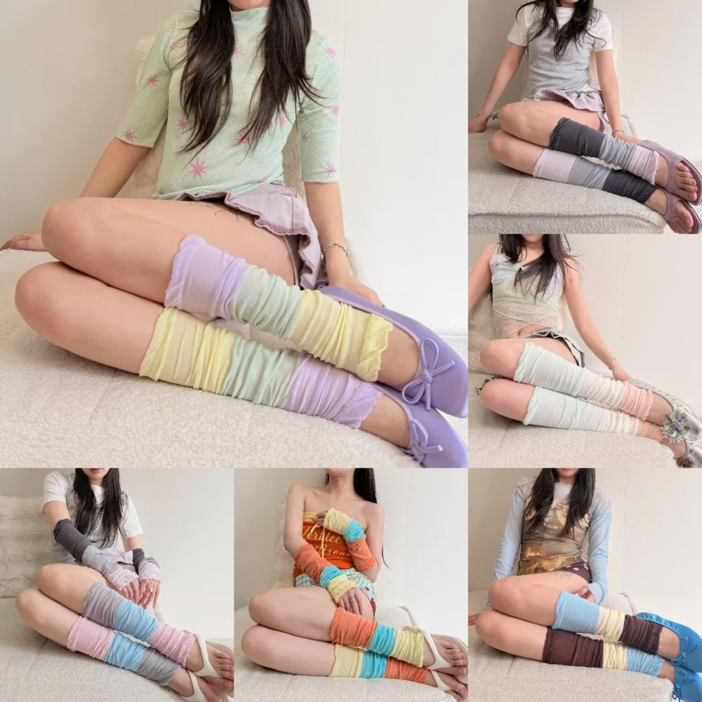New Multicolor Knee High Socks Footed Design Ballet Style Leg Warmers Thin Color Stacked Fingerless Gloves JK
