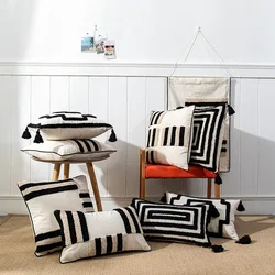 Black Boho Geometric Tufted Cushion Cover 4 Corner Fringe Decorative Pillowcase 45X45/30X50CM Home Decorative Pillows for Sofa