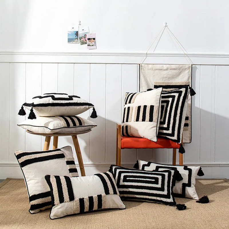 Black Boho Geometric Tufted Cushion Cover 4 Corner Fringe Decorative Pillowcase 45X45/30X50CM Home Decorative Pillows for Sofa