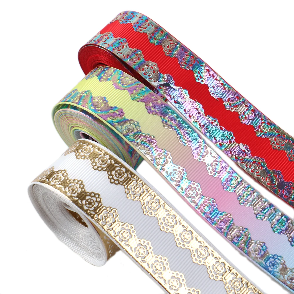 1 Rollo, 1 Pulgada/25 mm X 5 Yardas/rollo, Cinta de Grosgrain Estampada con Patrón Dorado Plateado Colorido