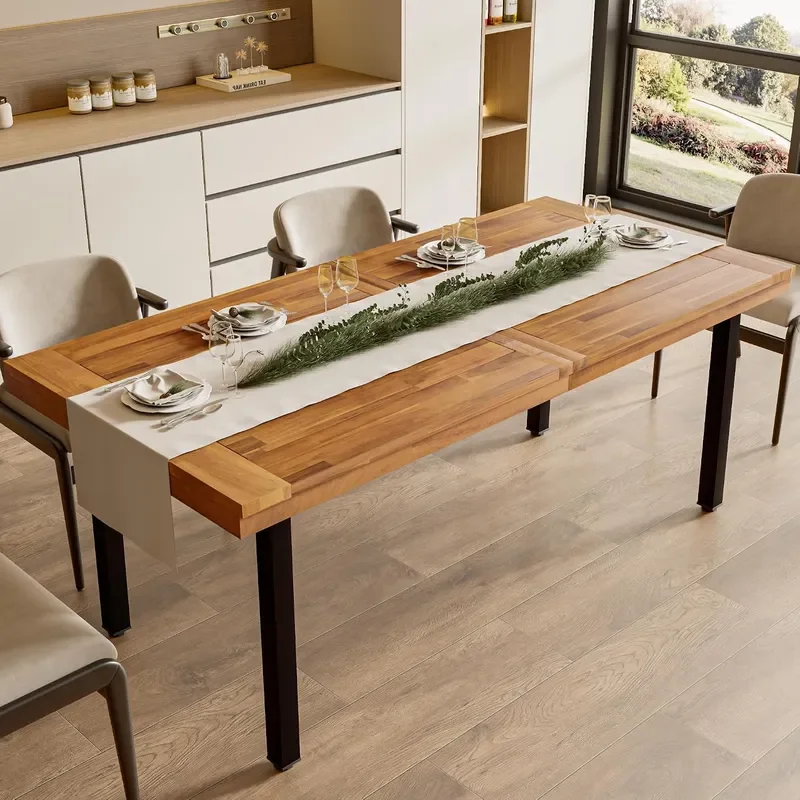 Dining Table for 6-8 People 70 Acacia Wood Rustic Rectangular Dinner Table with Metal Frame Sandblast Finish Natural Stained